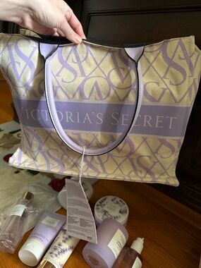 Victoria's Secret Lavender & Cream Tote Bag with Logo Pattern